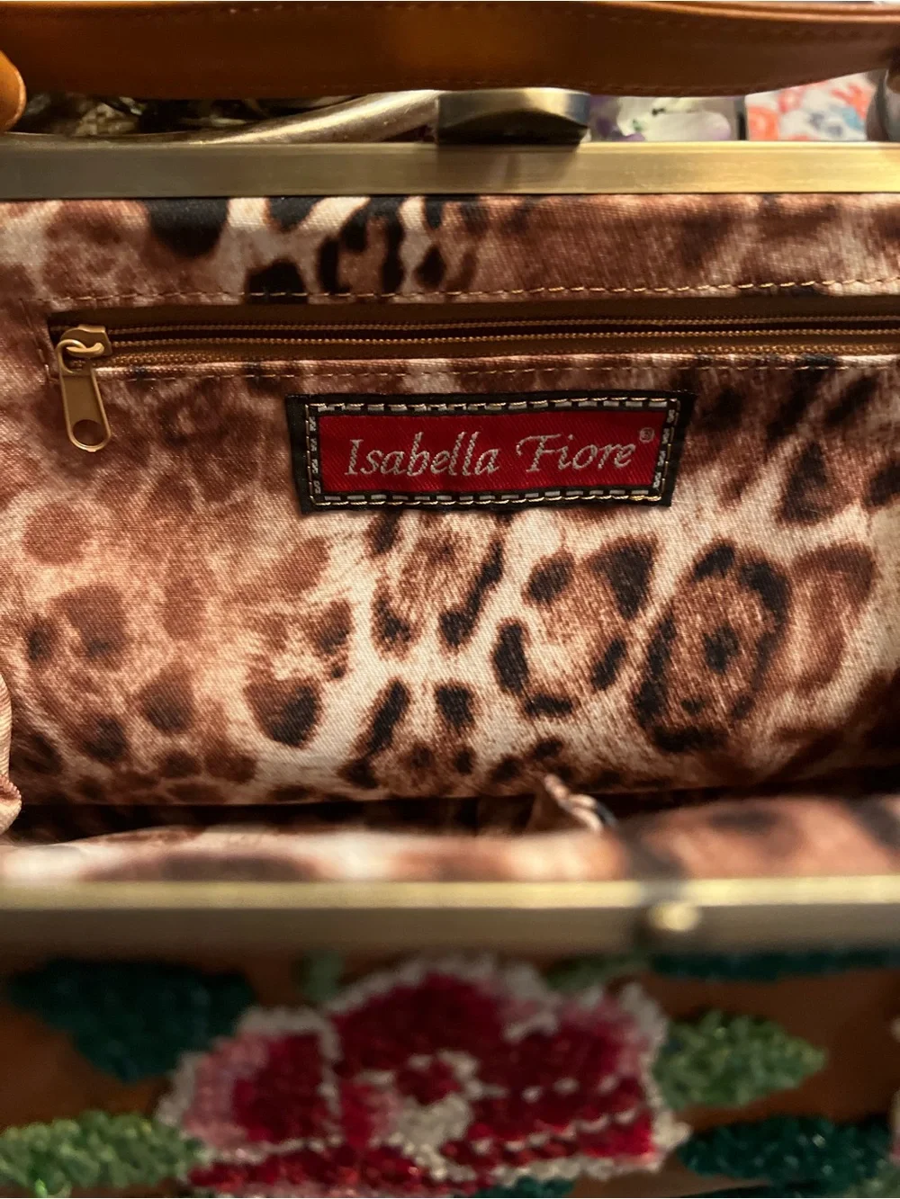 ISABELLA FIORE VINTAGE RARE leather Tan Beaded Rose Frame Bag
